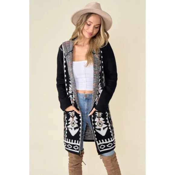 SOLD OUT Black Aztec Rainbow Western Hooded Knit Cardigan Long Sleeve Open - Picture 4 of 8